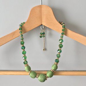 Fabric Beaded Necklace + Earring Set | Jewelry Costume Women's | Green Gold